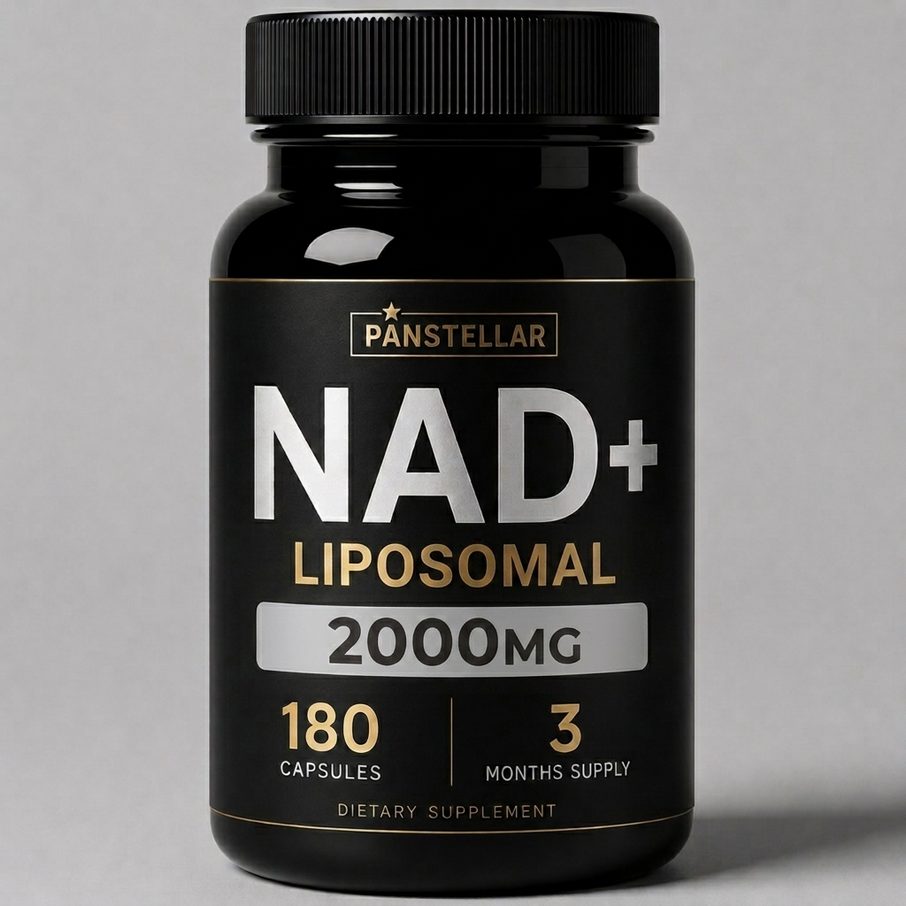 Liposomal NAD+ supplement bottle from Panstellar Essentials, 2000mg, in a clear container with a white cap and label.