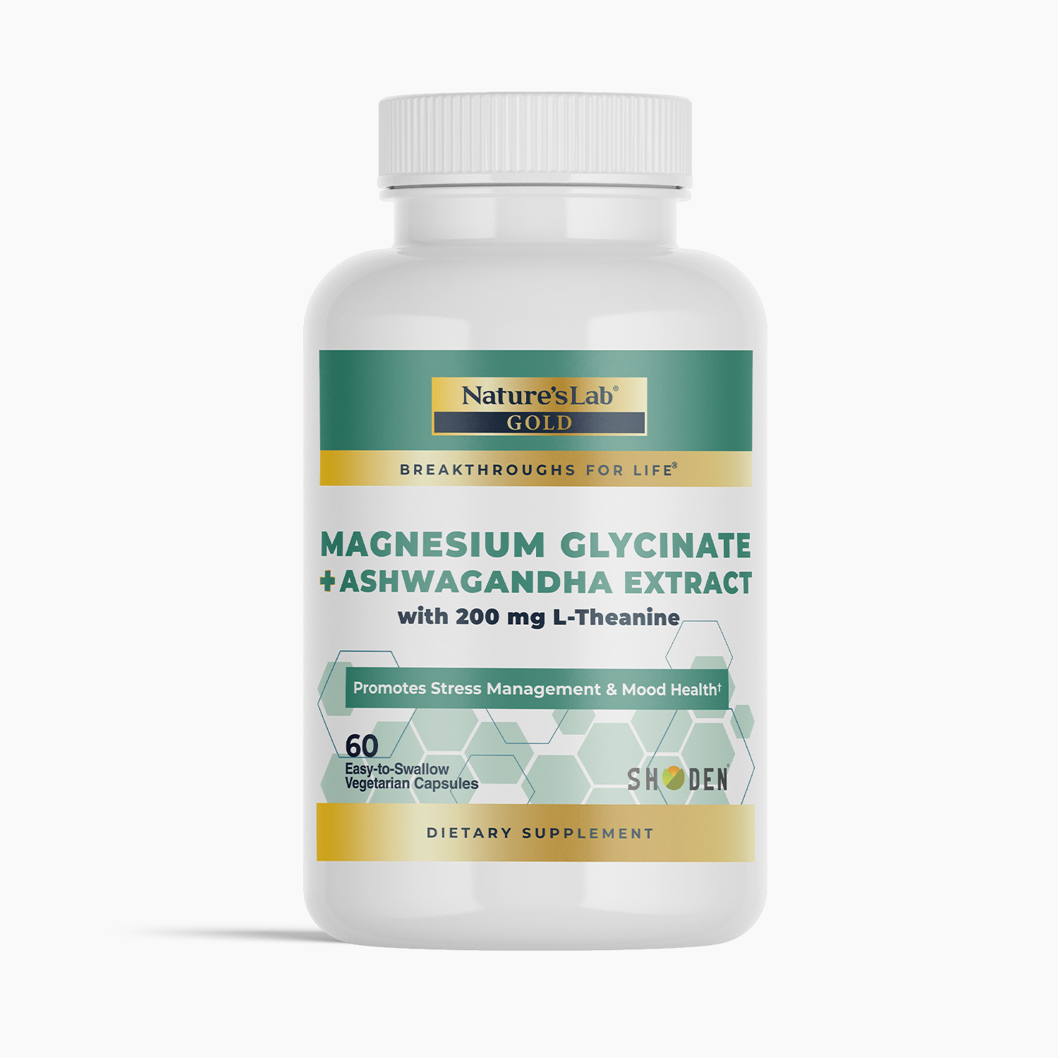 Bottle of Nature's Lab Gold Magnesium with Ashwagandha and L-Theanine capsules, dietary supplement for relaxation and stress support