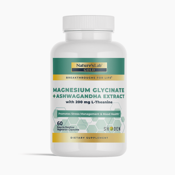 Bottle of Nature's Lab Gold Magnesium with Ashwagandha and L-Theanine capsules, dietary supplement for relaxation and stress support