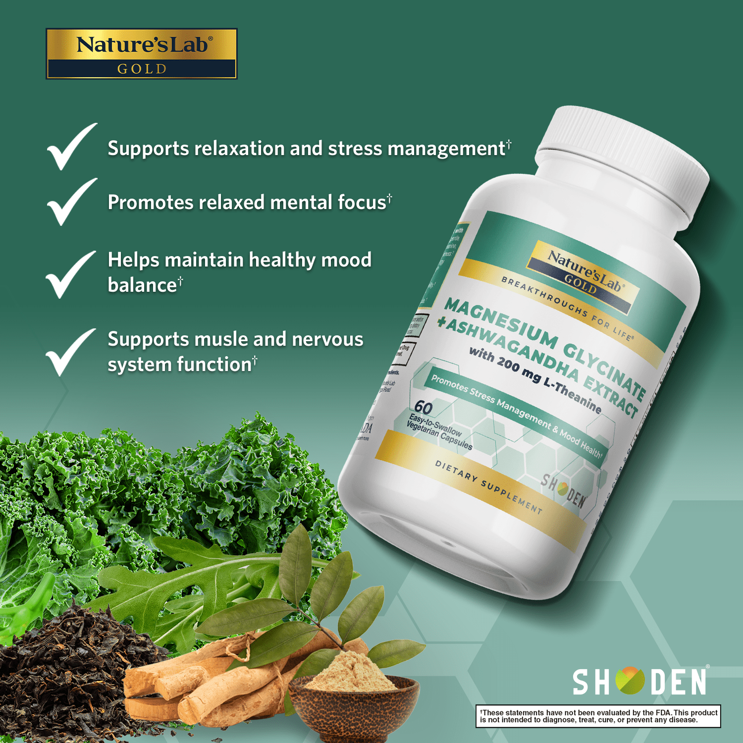 Nature's Lab Gold Magnesium and Ashwagandha with L-Theanine capsules, dietary supplement in a bottle.