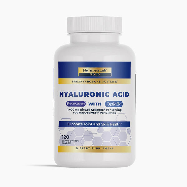 Bottle of Nature's Lab Hyaluronic Acid with BioCell Collagen and OptiMSM capsules, dietary supplement for skin health.