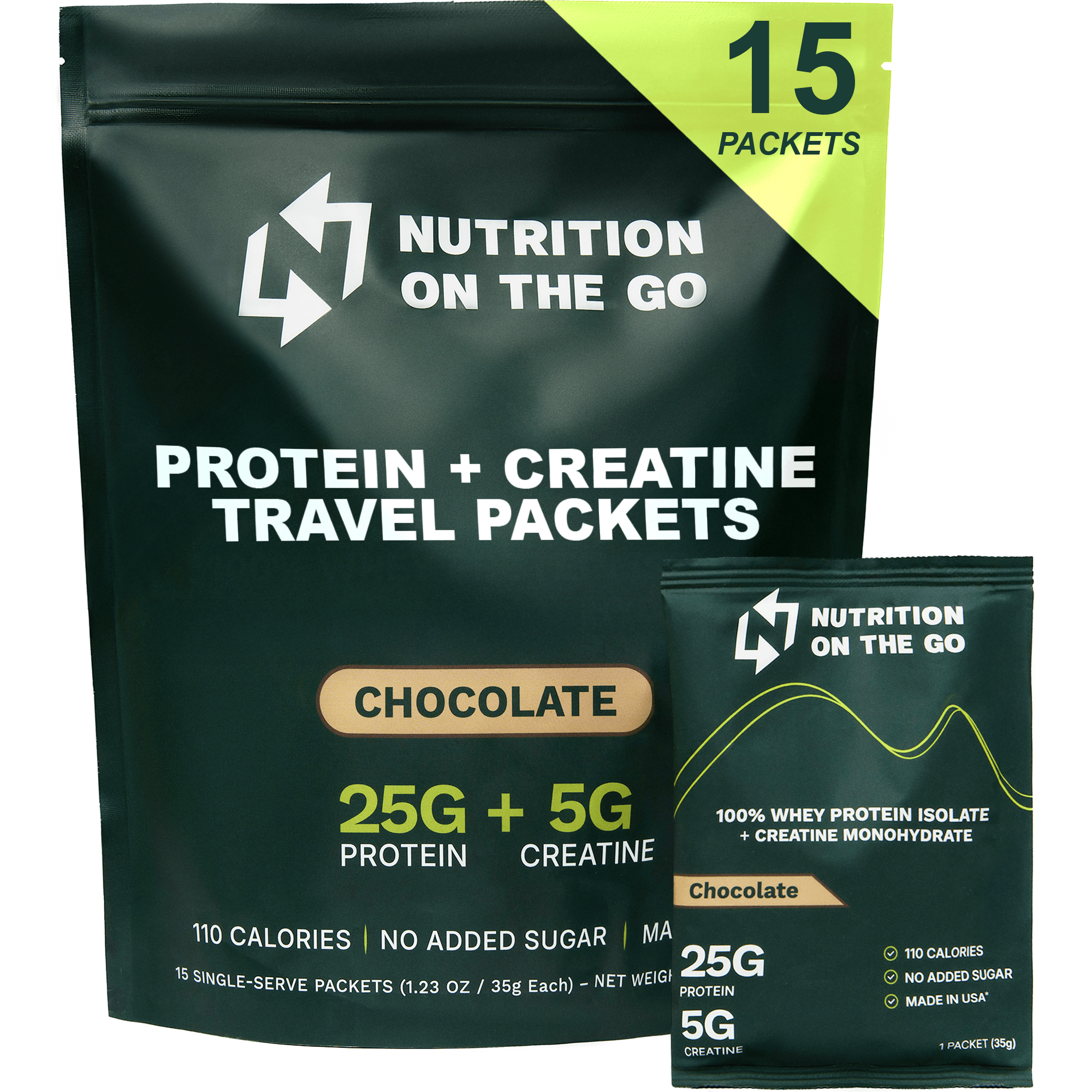 Single-serve packets of Nutrition On The Go Whey Protein Isolate with Creatine in chocolate flavor, ready for on-the-go nutrition.