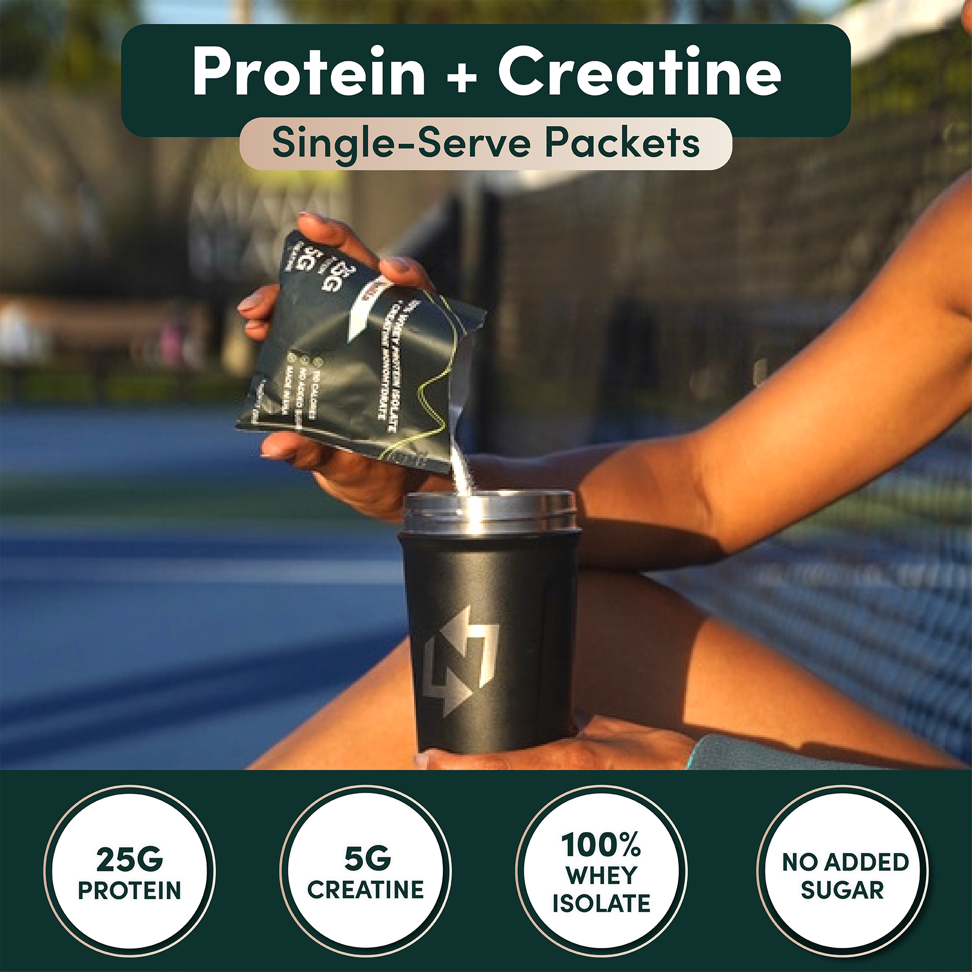 Single-serve packets of Nutrition On The Go Chocolate Whey Protein Isolate with Creatine for convenient fitness supplementation.