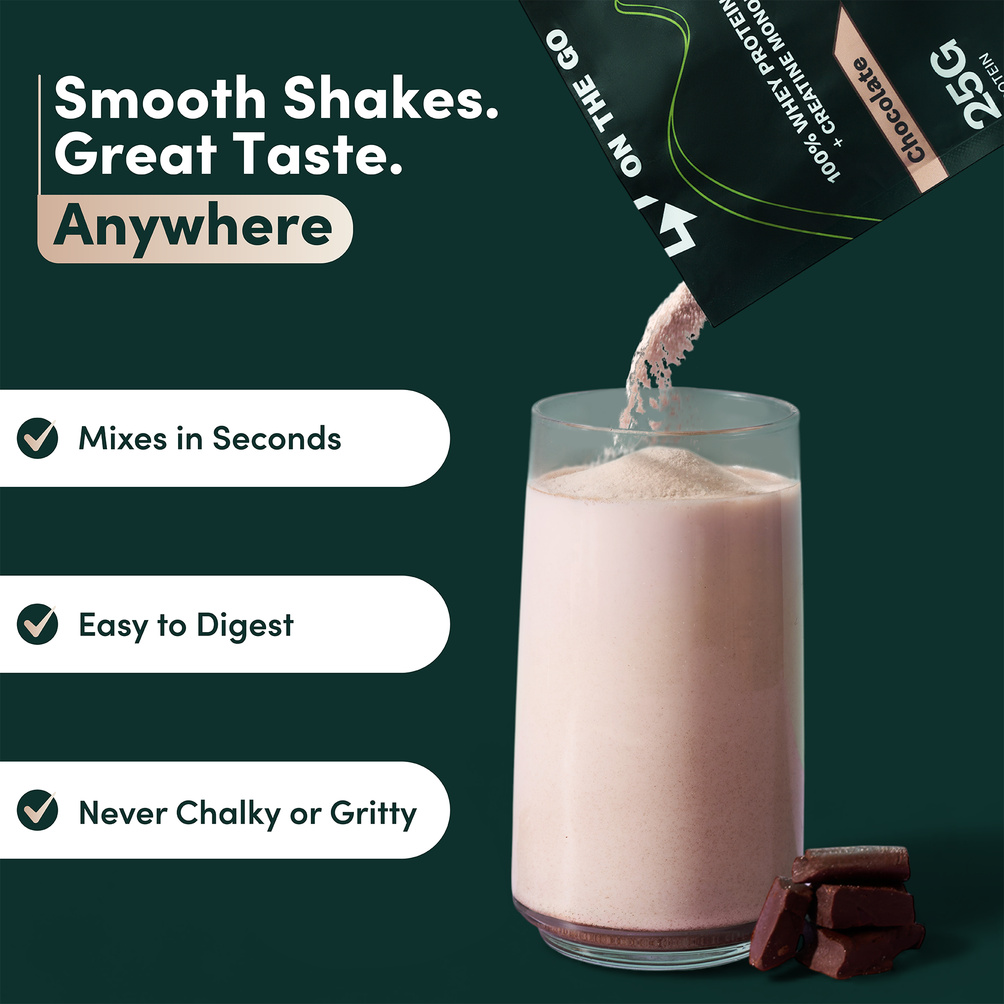 Chocolate whey protein isolate and creatine single-serve packets by Nutrition On The Go, displayed in a stack of 15 packets.