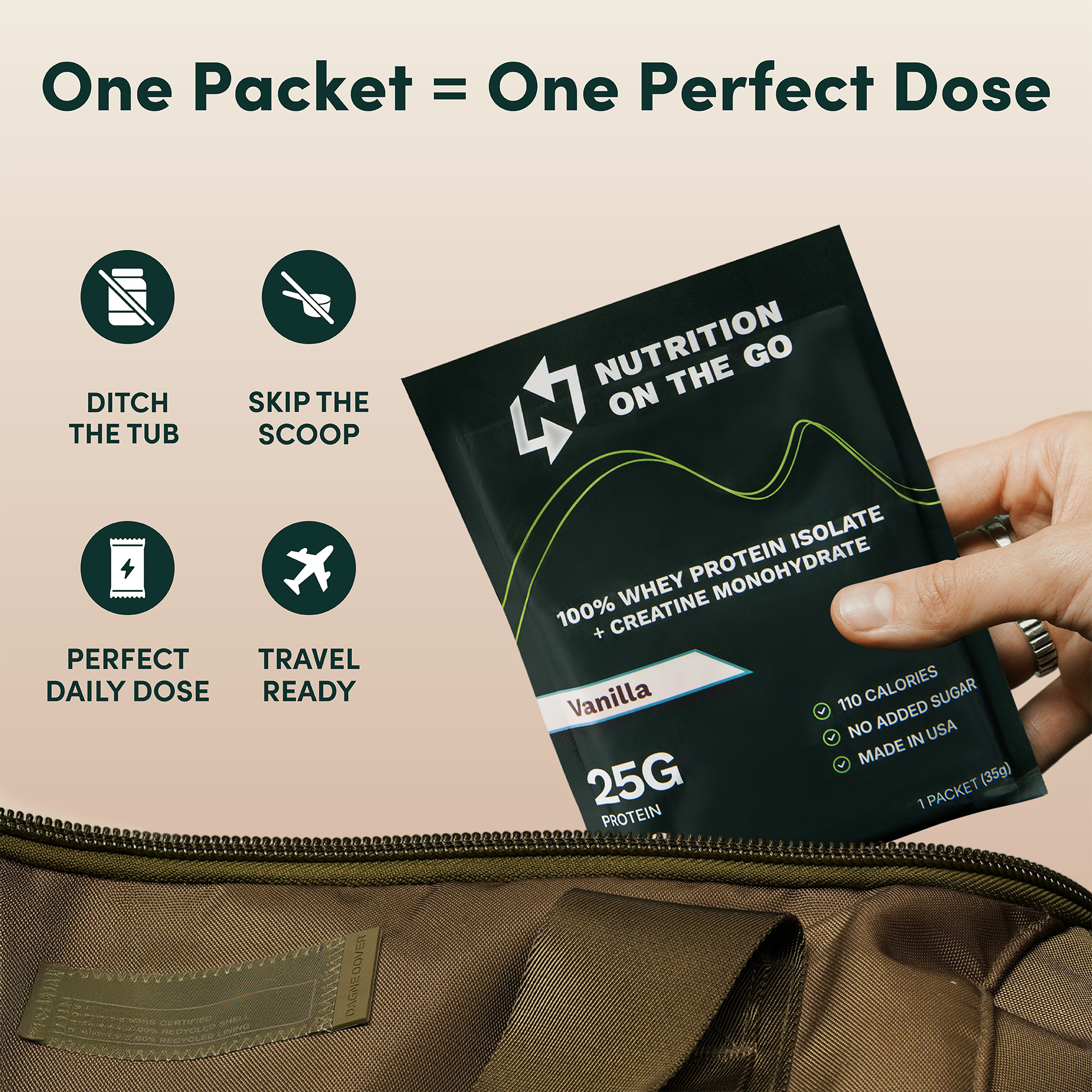 Single-serve packets of Nutrition On The Go Whey Protein Isolate with Creatine in chocolate flavor, ready for convenient nutrition.