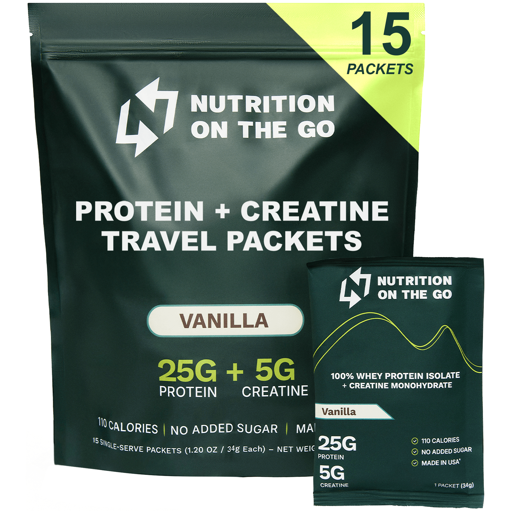 Chocolate Whey Protein Isolate and Creatine single-serve packets by Nutrition On The Go, showing 15 convenient powder packets.