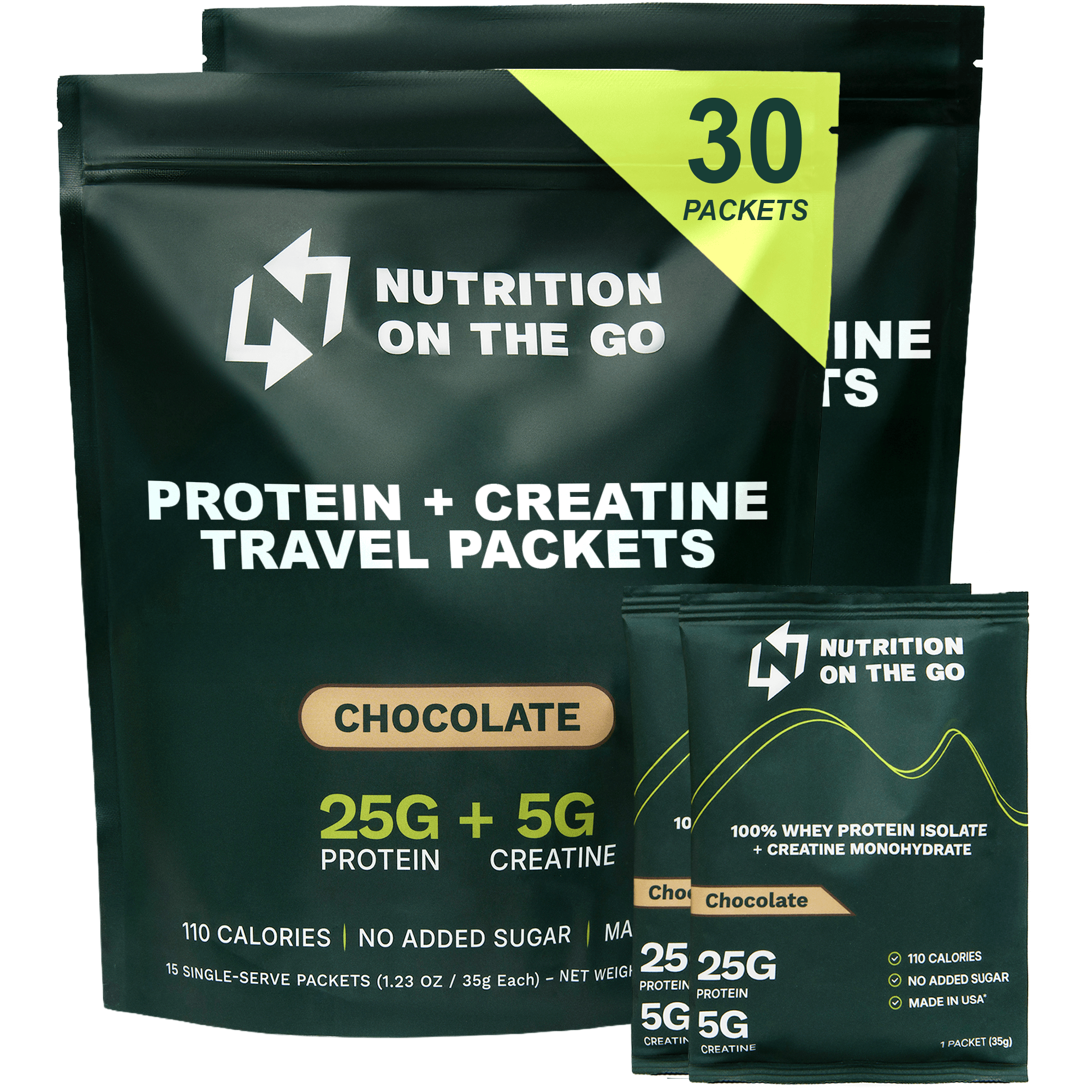 Box of 15 Nutrition On The Go chocolate whey protein isolate and creatine single-serve packets with labeled packaging.