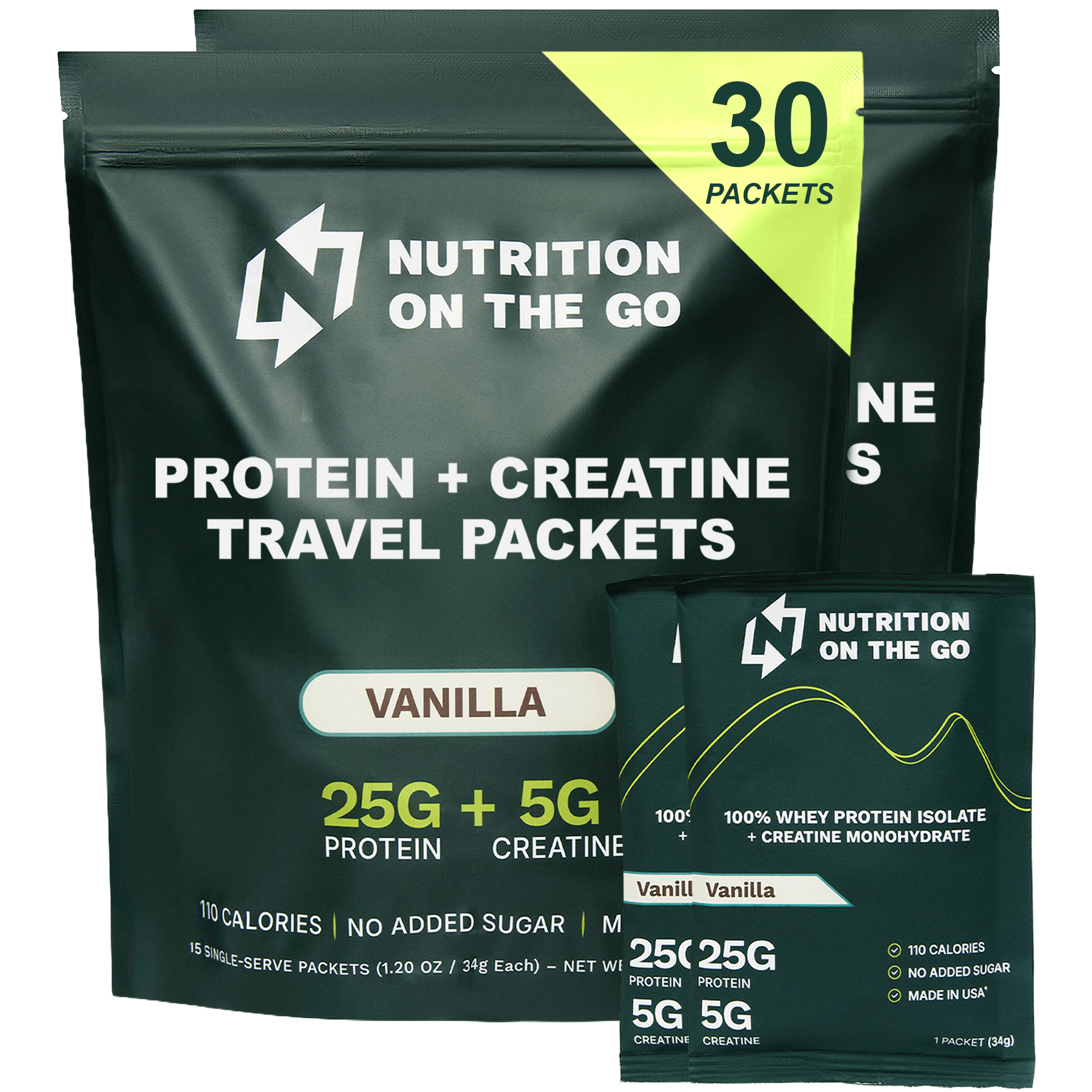 Pack of 15 Nutrition On The Go chocolate whey protein isolate and creatine single-serve packets for convenient fitness supplementation.