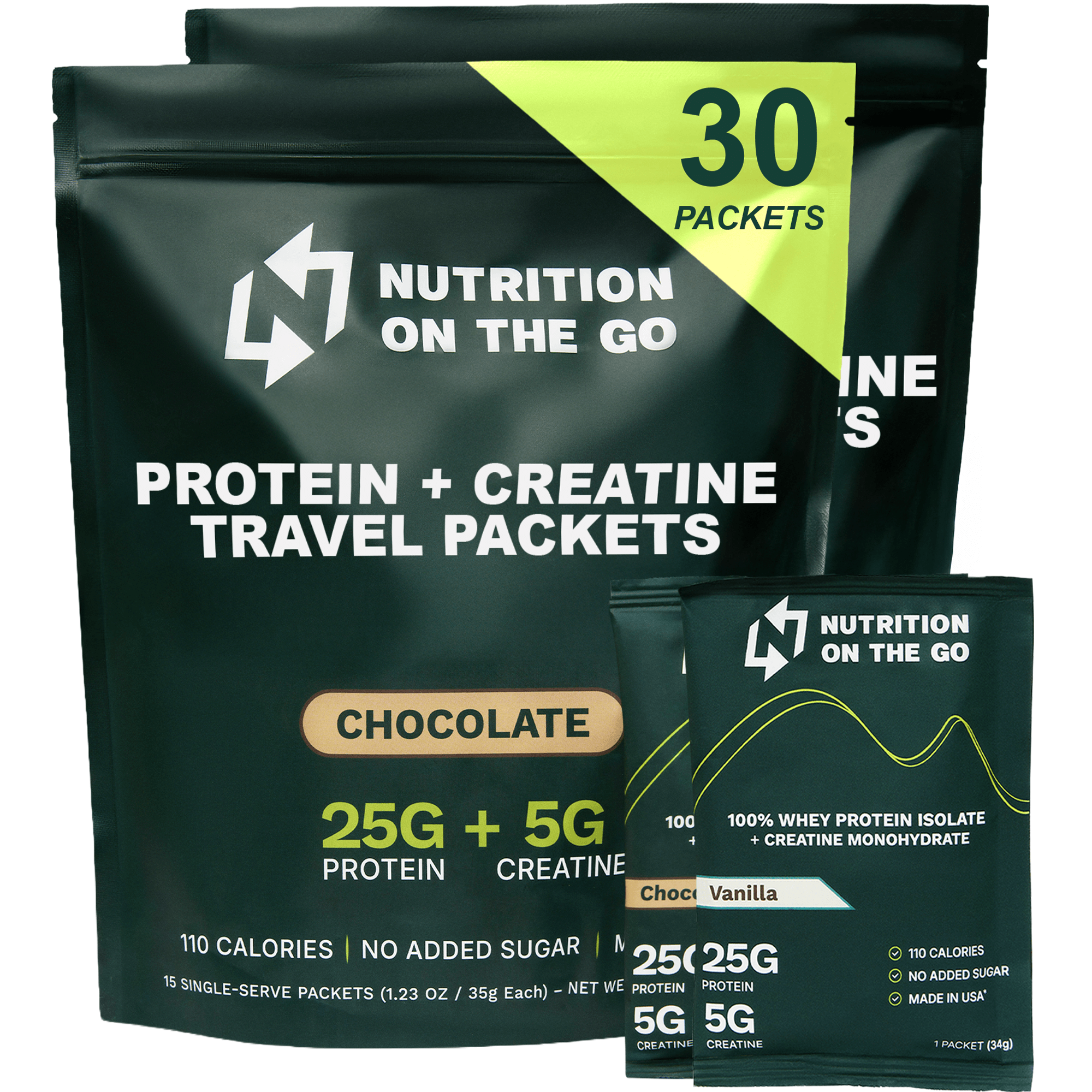 Chocolate Whey Protein Isolate with Creatine single-serve packets by Nutrition On The Go, ready for quick protein and supplement intake.
