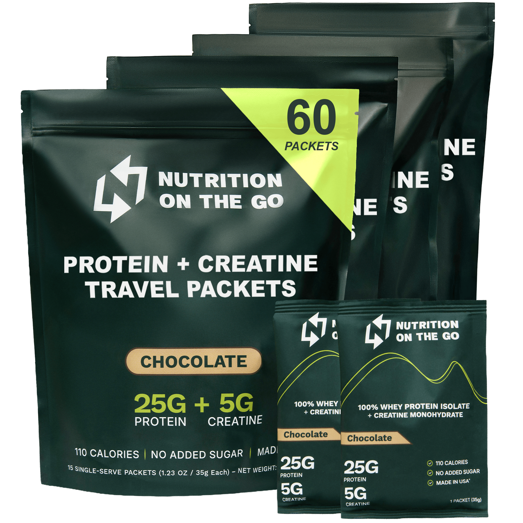 Single-serve packets of Nutrition On The Go Whey Protein Isolate with Creatine, chocolate flavor, showing individual packet design.