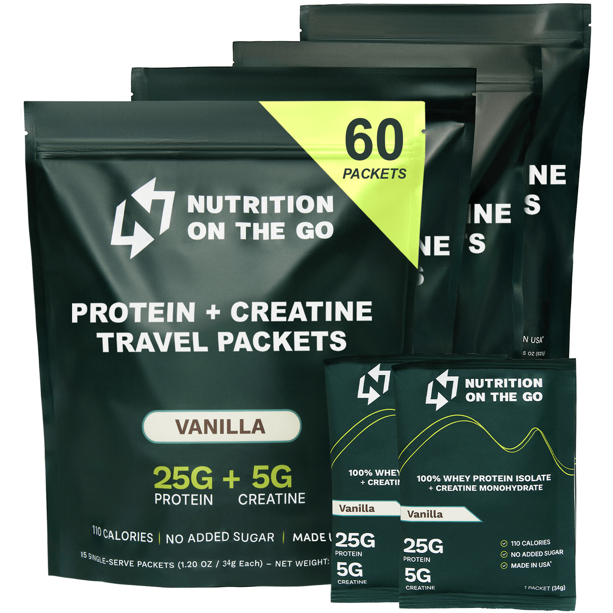 Chocolate whey protein isolate and creatine single-serve packets from Nutrition On The Go, ready for convenient fitness supplementation.