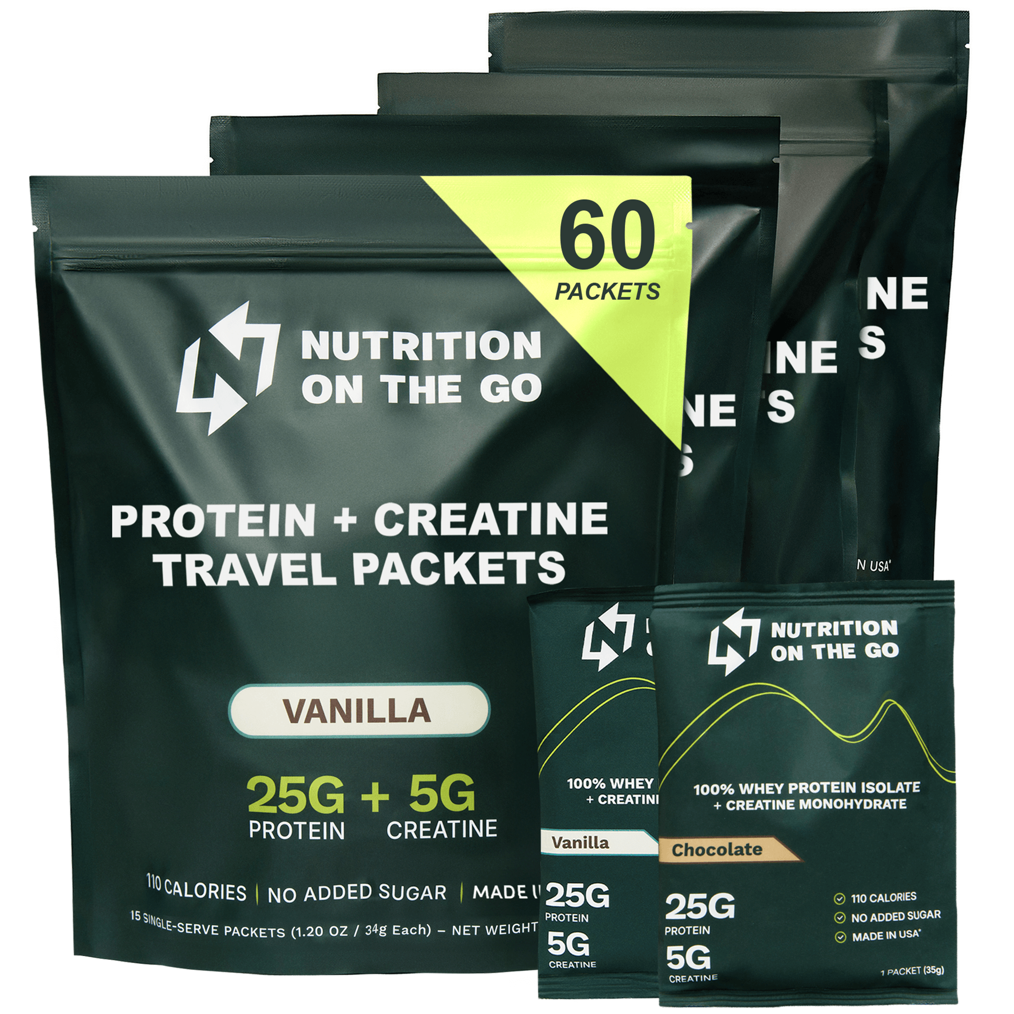 Single-serve packets of Nutrition On The Go chocolate whey protein isolate with creatine, ready for quick, convenient nutrition.