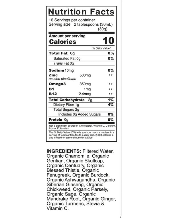 Nutrition label of VeggieVerve Organic Appetite Booster Liquid Herbal Supplement for healthy weight gain and appetite support.