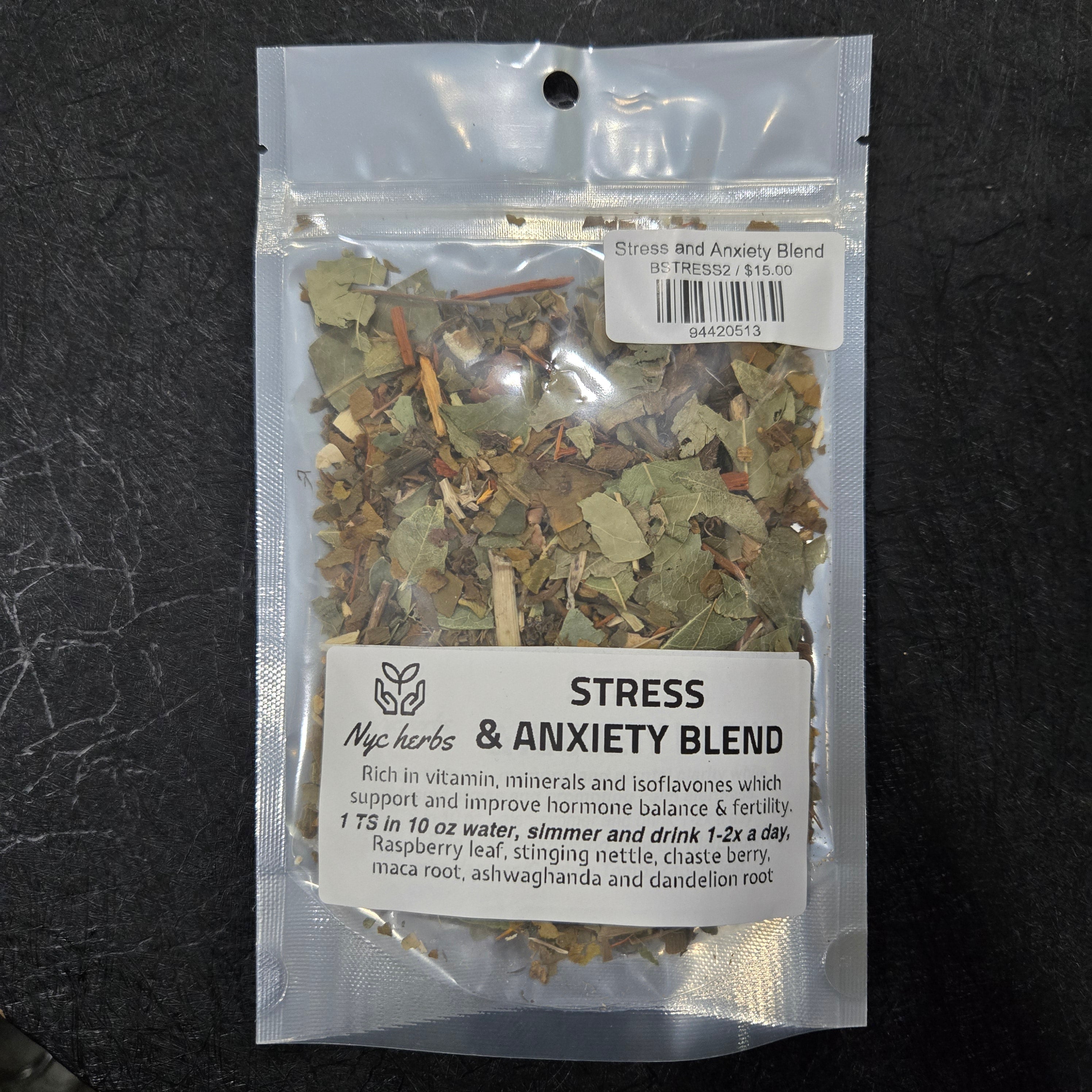 NYC Herbs Calm & Balance Herbal Blend loose leaf tea and capsules, herbal supplement for relaxation and mood support.