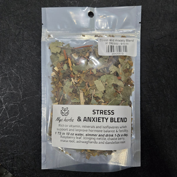 NYC Herbs Calm & Balance Herbal Blend loose leaf tea and capsules, herbal supplement for relaxation and mood support.
