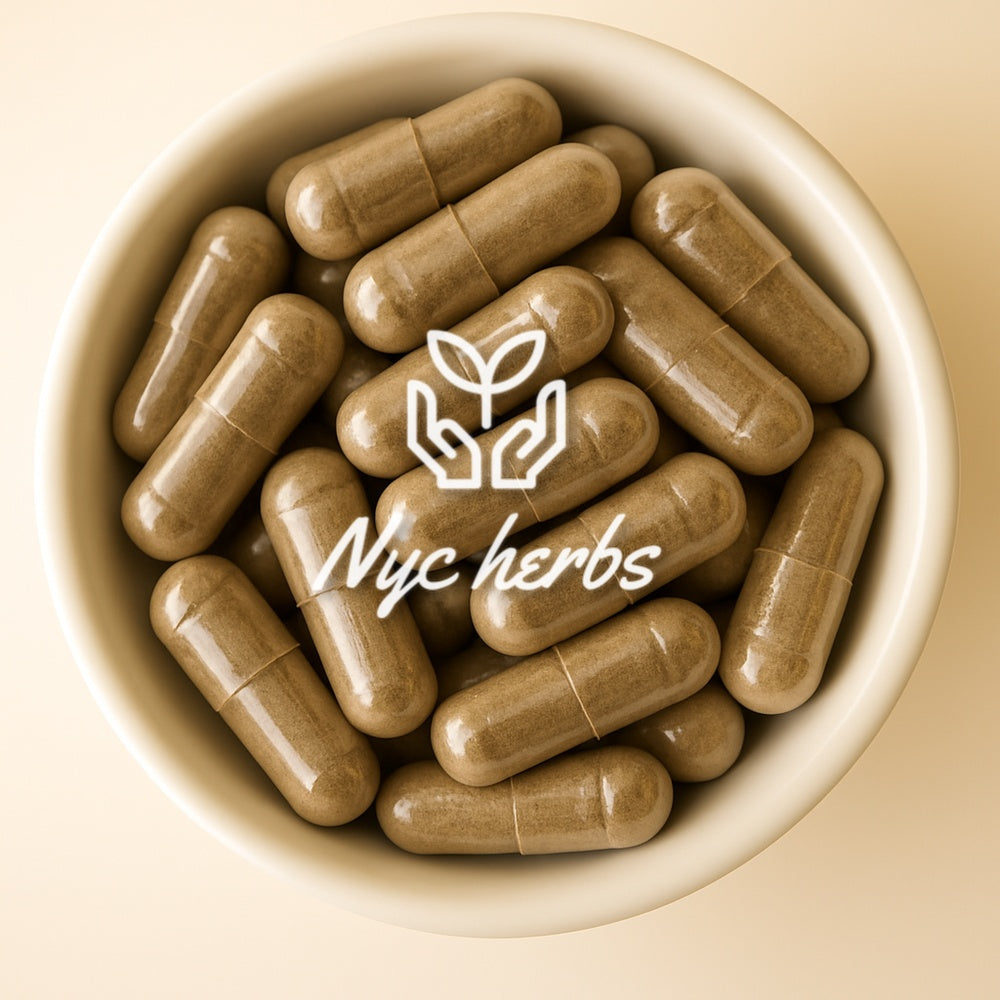 Alpha Blend men's botanical supplement by NYC Herbs, herbal formula with Tongkat Ali, Maca, and Ginseng capsules.