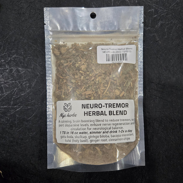 Neuro-Tremor herbal tea blend by NYC Herbs®, featuring calming herbal ingredients in a tea bag.