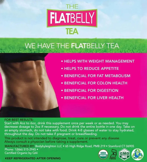 Organic Flatbelly Tea cleanser from VeggieVerve in a clear glass teapot with fresh herbs and tea leaves.