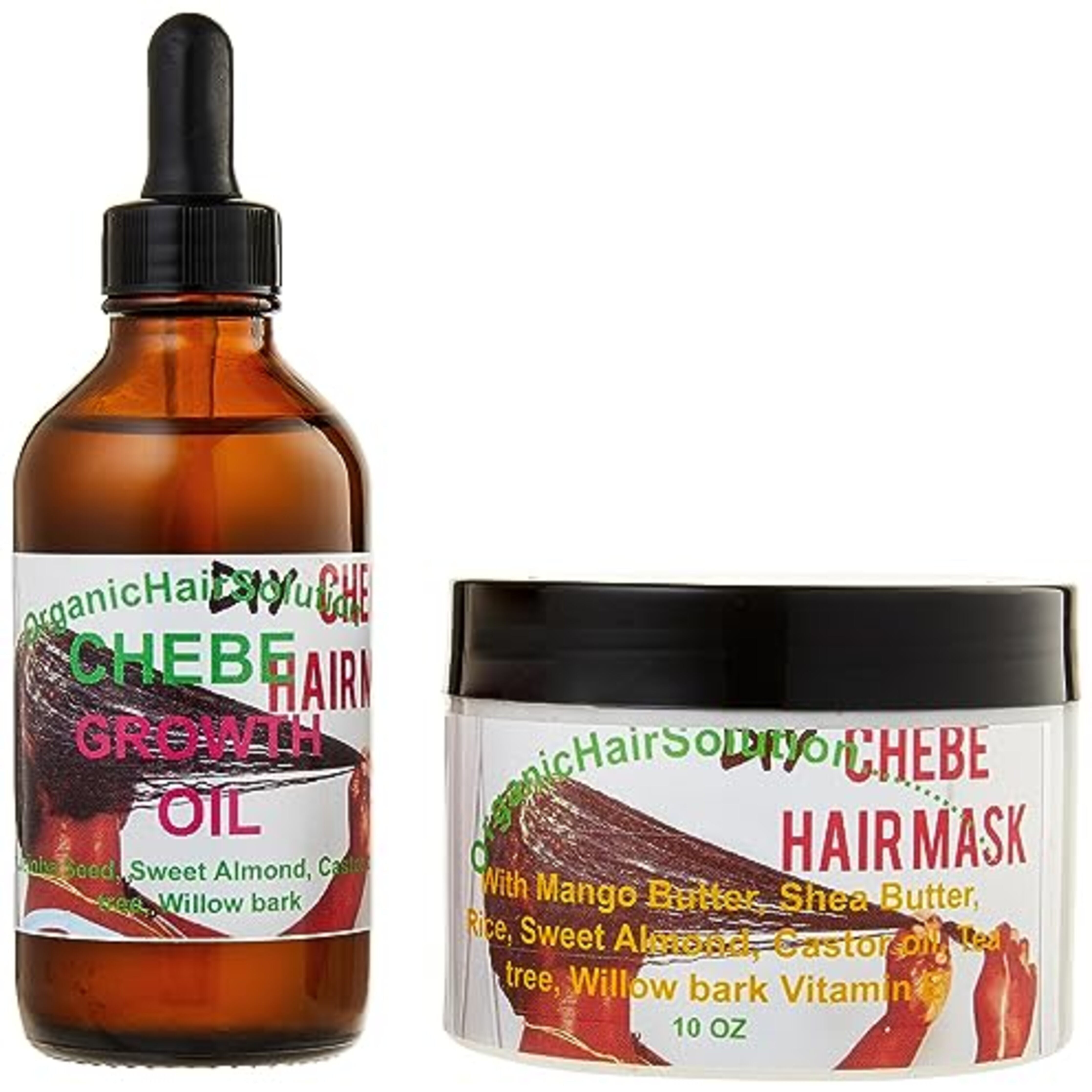 Organic Hair Solution Chebe Hair Growth Thicker Bundle featuring 2-in-1 oil and hair mask with willow bark, castor oil, mango butter, and tea tree.