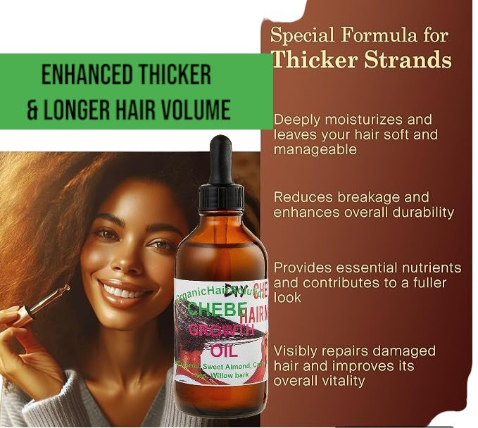 Organic Hair Solution Chebe Hair Growth Thicker Bundle with oil and hair mask, featuring willow bark, castor oil, mango butter, and tea tree.