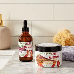 Organic Hair Solution Chebe Hair Growth Thicker Bundle with oil and mask, featuring willow bark, castor oil, mango butter, and tea tree.