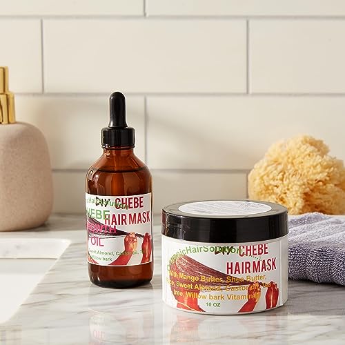 Organic Hair Solution Chebe Hair Growth Thicker Bundle with oil and mask, featuring willow bark, castor oil, mango butter, and tea tree.
