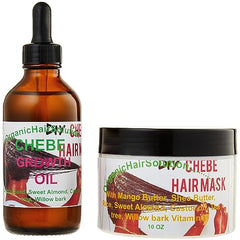 Organic Hair Solution Chebe Hair Growth Thicker Bundle with 2-in-1 oil and hair mask, featuring willow bark, castor oil, mango butter, and tea tree.