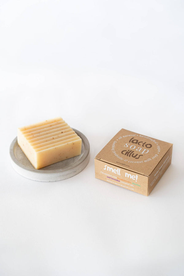Natural probiotic bar soap by Elemental Wellness Shop showing a bar with a smooth, clean surface and gentle earthy tones.
