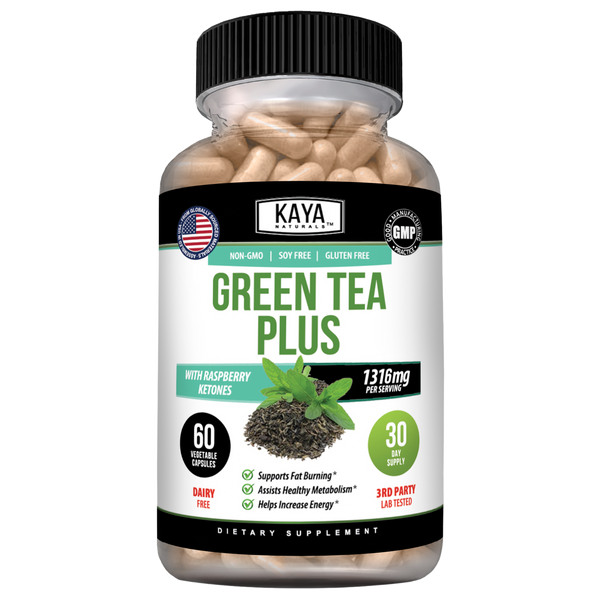 Kaya Naturals Green Tea Plus supplement bottle with green tea capsules and label showing natural ingredients and branding