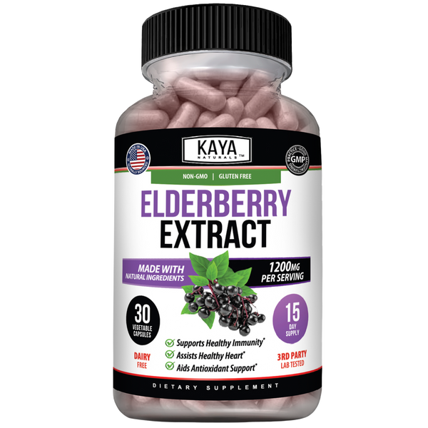 Kaya Naturals Elderberry Extract bottle with dropper, showing a dark liquid supplement in a clear glass bottle on a white background.