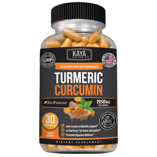 Kaya Naturals Turmeric with BioPerine® supplement bottle, highlighting joint and inflammation support benefits.