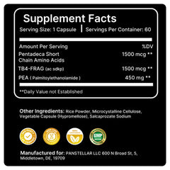 Panstellar Essentials Stack 157 amino acids supplement with TB500 3000mcg and TB4-Frag, showing supplement facts on the label.