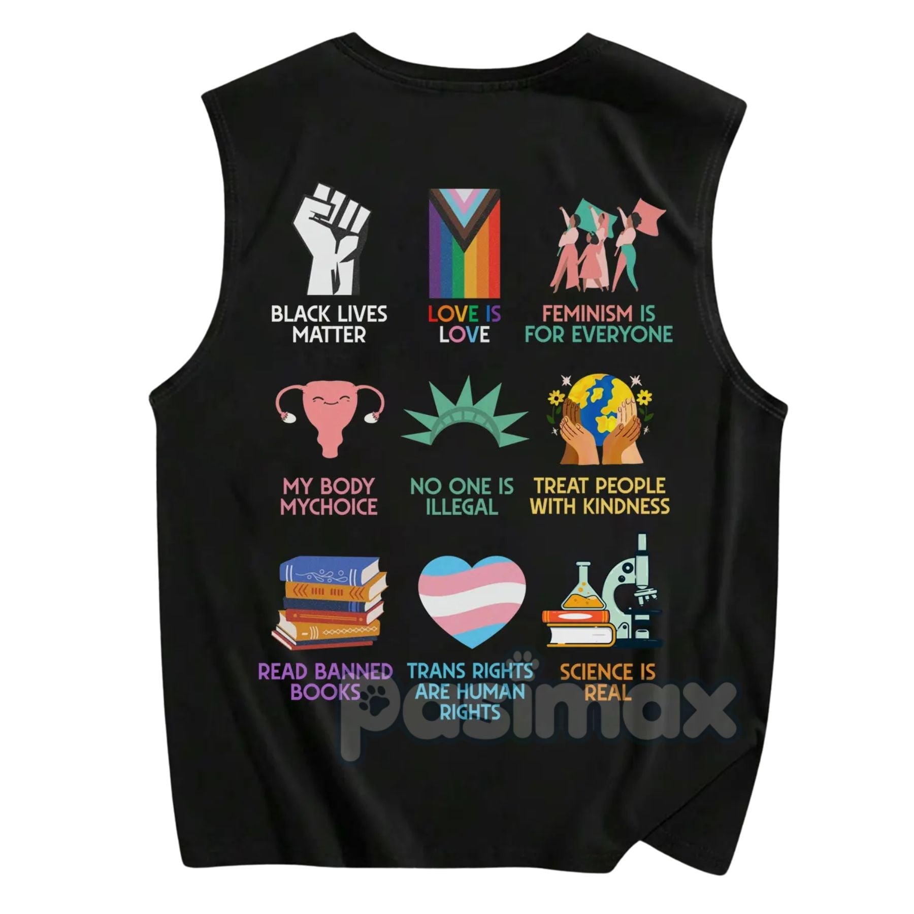 White Pasimax human rights tank top featuring activist graphic design, social justice T-shirt for men and women.