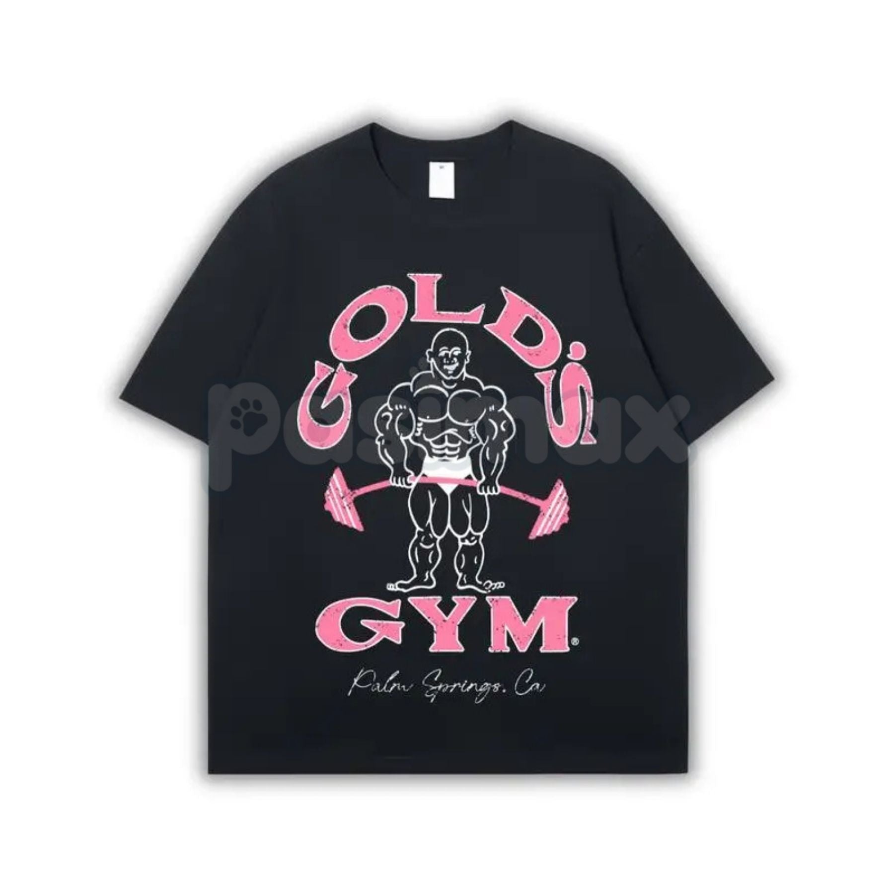 White vintage 90s Gold’s Gym Palm Springs T-shirt by Pasimax featuring California graphic, retro bodybuilding design, unisex fit.