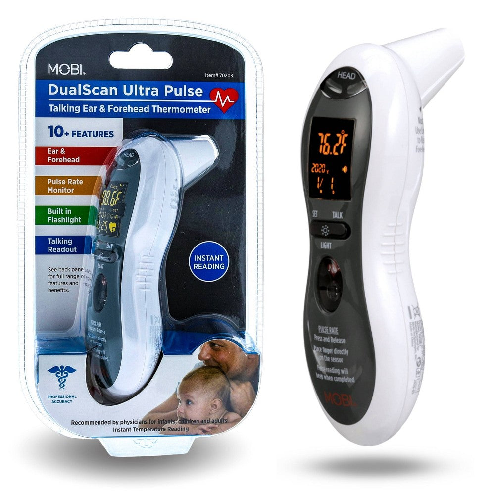 Mobi Technologies DualScan Ultra Pulse digital thermometer measuring ear and forehead temperature with heart rate monitor for babies