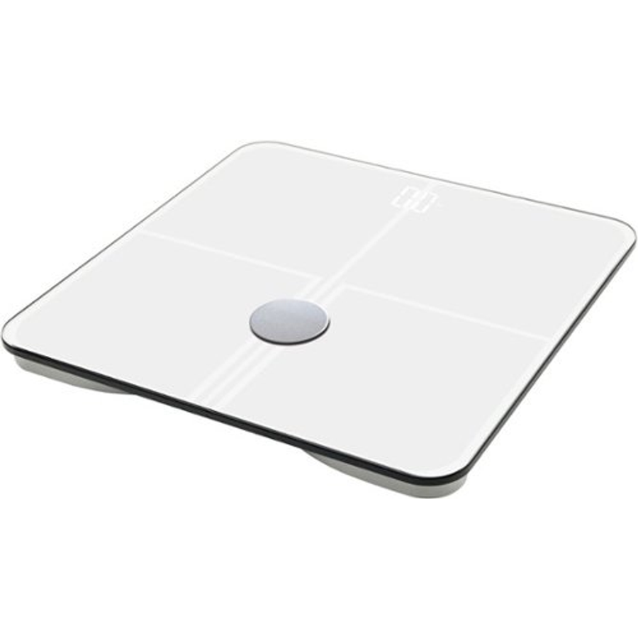 White Mobi Connect Smart BMI Wi-Fi Body Composition Scale by Pasteur Pharmacy showing digital display and multiple measurement icons.