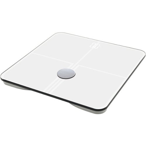 White Mobi Connect Smart BMI Wi-Fi Body Composition Scale by Pasteur Pharmacy showing digital display and multiple measurement icons.