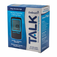 Embrace Blood Glucose Monitoring System for fitness and nutrition, featuring a sleek device with a digital display and testing strips.