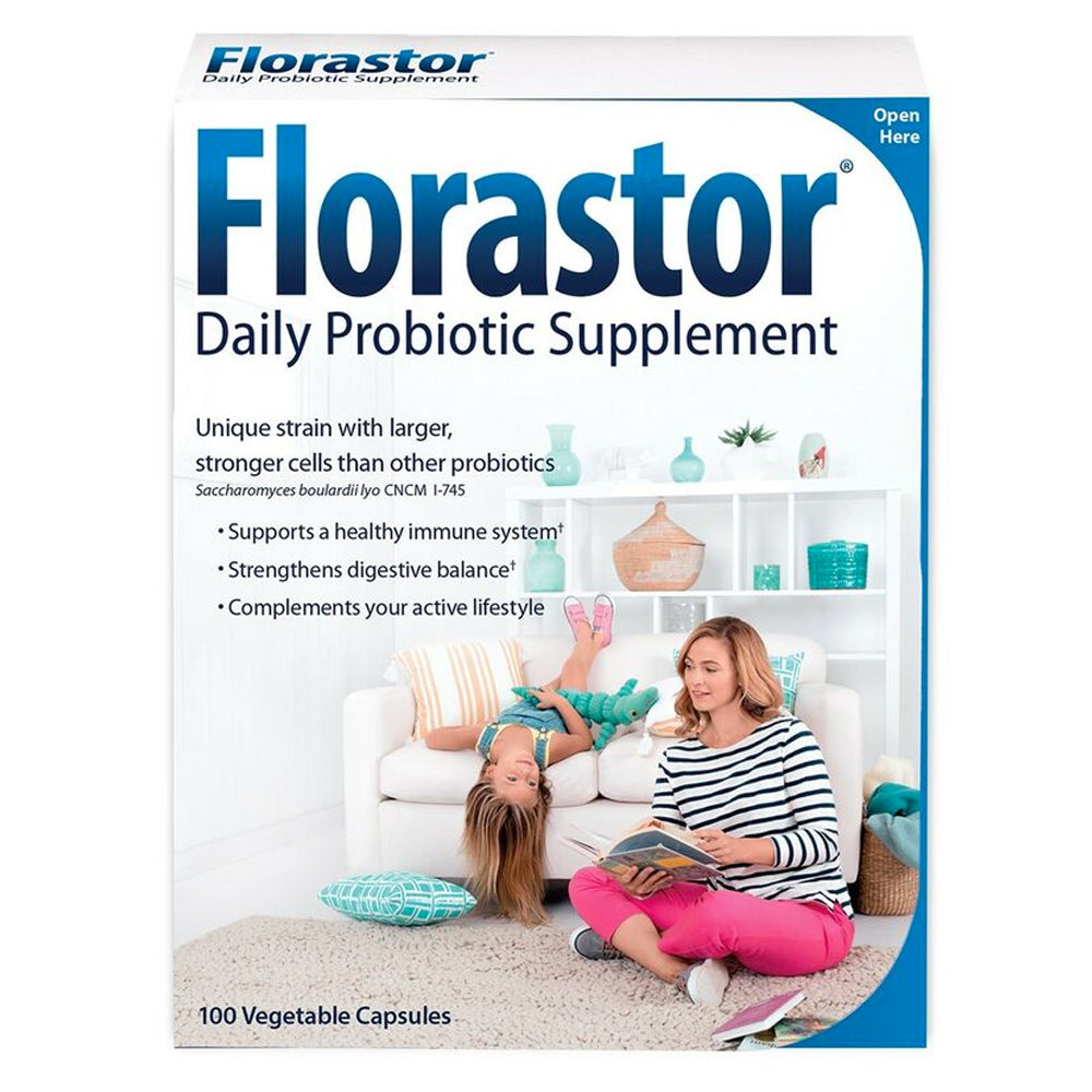 Florastor Daily Probiotic supplement for men and women, 250 mg, 100 capsules in a bottle, dietary vitamins and supplement product