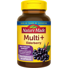 Nature Made Multi + Elderberry capsules, multivitamins for women and men, showing the supplement bottle and tablets inside
