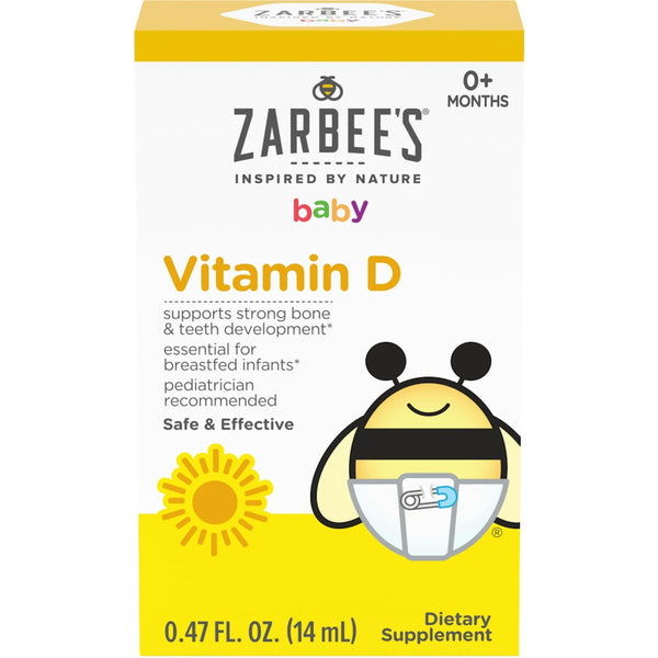 Zarbee’s Naturals Baby Vitamin D Supplement Drops in a 0.47 fl oz bottle, designed for infants' health and immune support.