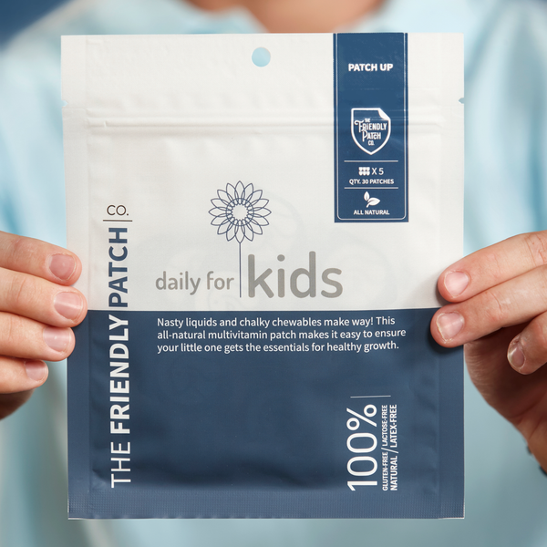 Kids vitamin patch by Friendly Patch Co with 28 colorful adhesive patches designed for children’s health.