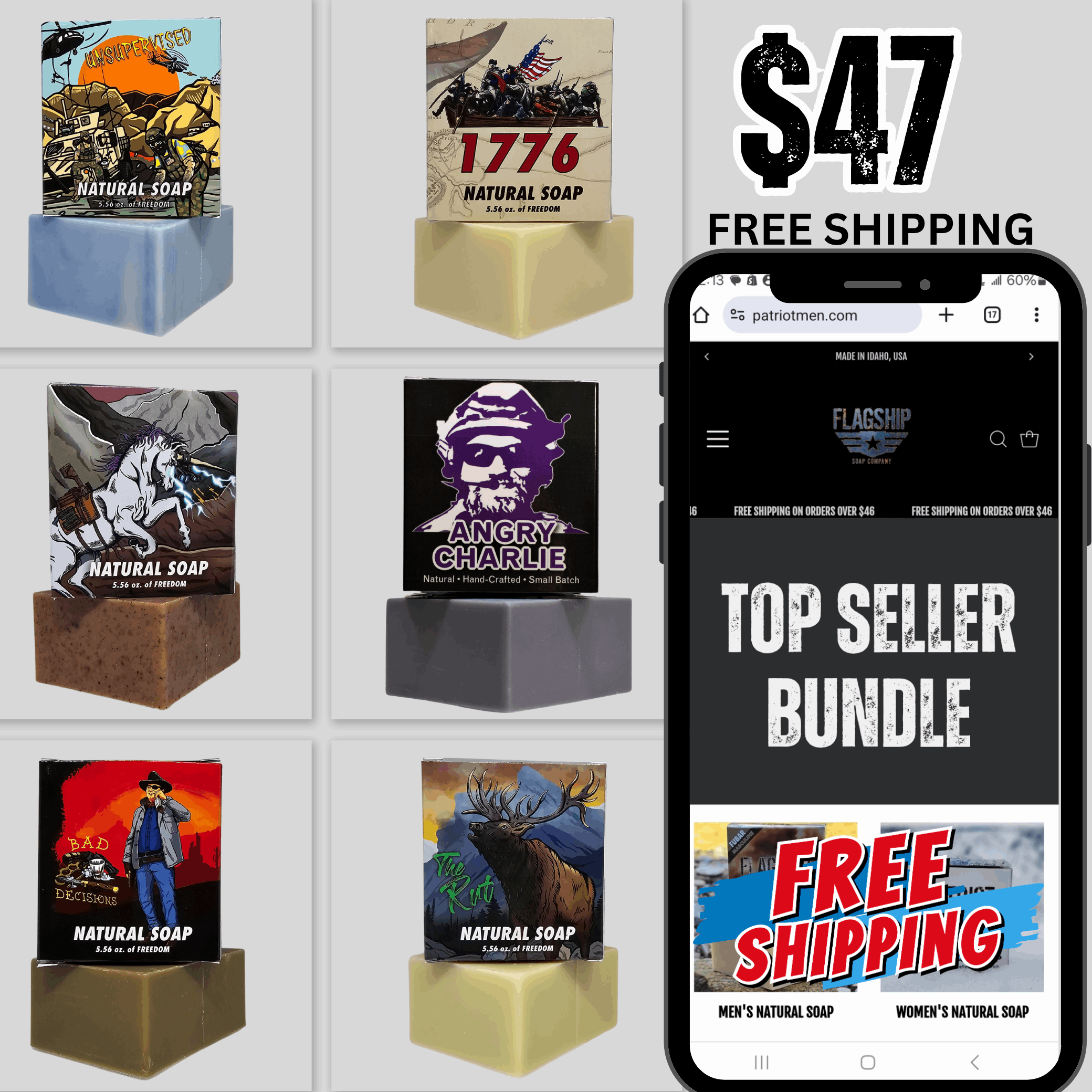 Assorted men's soap bars from Patriot And Company Top Seller 6-pack bundle, showing various soap designs and packaging.