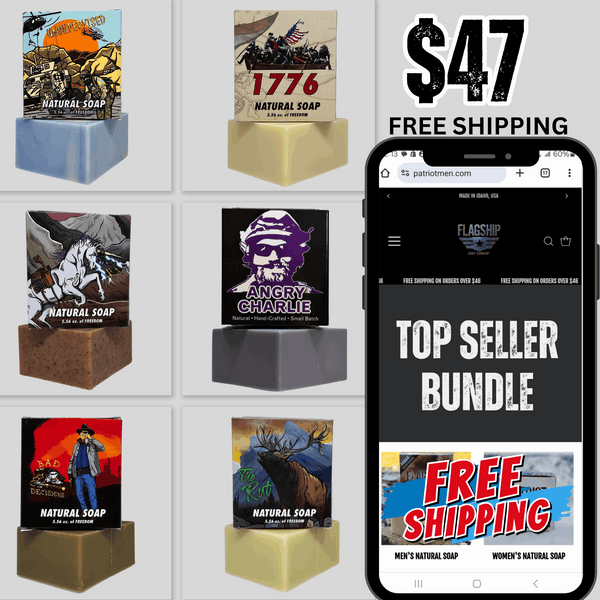 Assorted men's soap bars from Patriot And Company Top Seller 6-pack bundle, showing various soap designs and packaging.