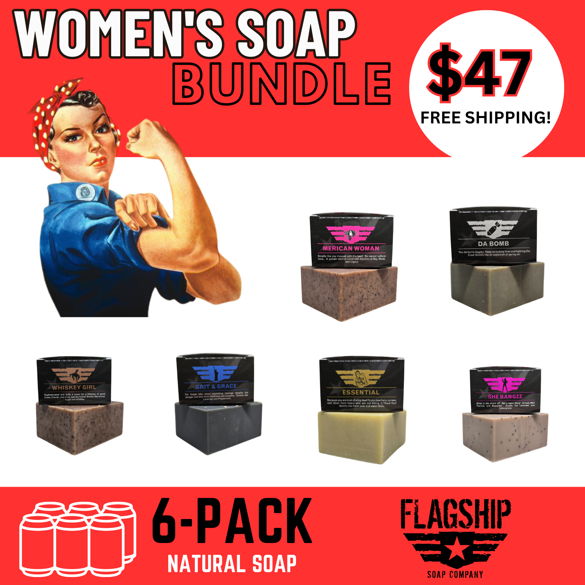 Six-pack of Patriot and Company women's soap bundle featuring assorted scents in colorful packaging.