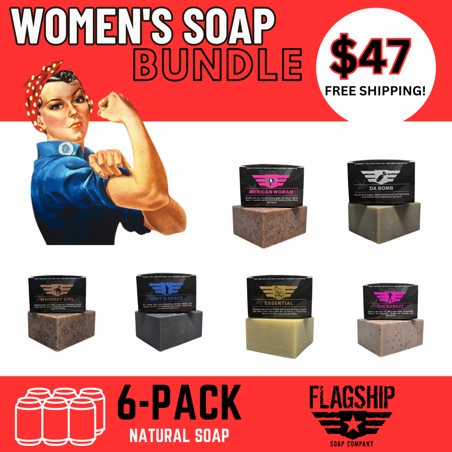 Six-pack of Patriot and Company women's soap bundle featuring assorted scents in colorful packaging.