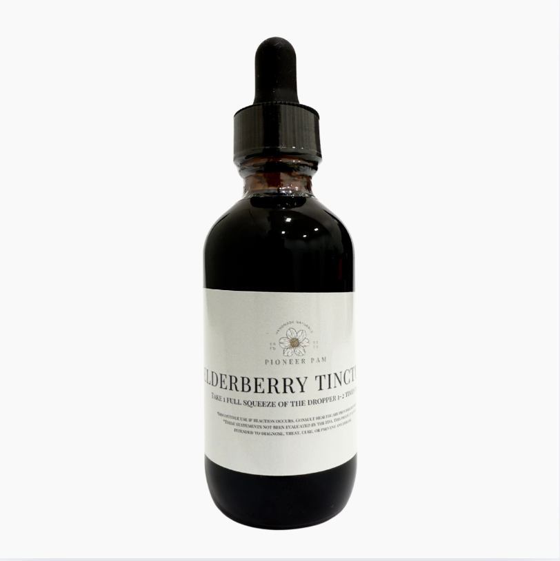 Pioneer Pam Elderberry Tincture bottle for immune system support, with label showing elderberry and natural ingredients.