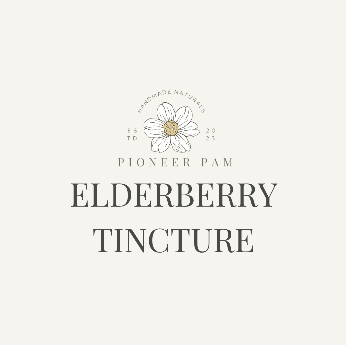 Elderberry tincture bottle from Pioneer Pam for immune system support, with fresh elderberries and dropper cap.