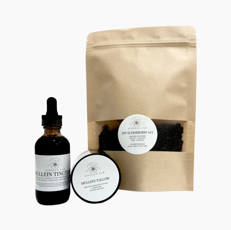 Pioneer Pam Immunity Combo with Mullein Tincture, Elderberry Kit, and Mullein Tallow for immune and respiratory support.