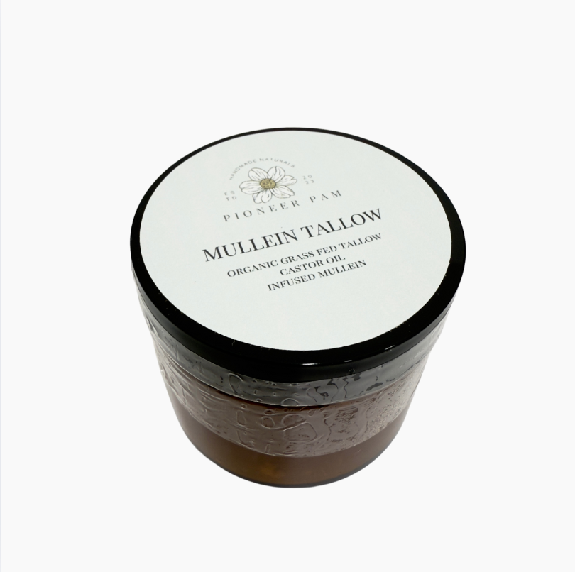 Pioneer Pam Mullein Tallow skin salve and chest rub for immune support, featuring natural ingredients and soothing application.